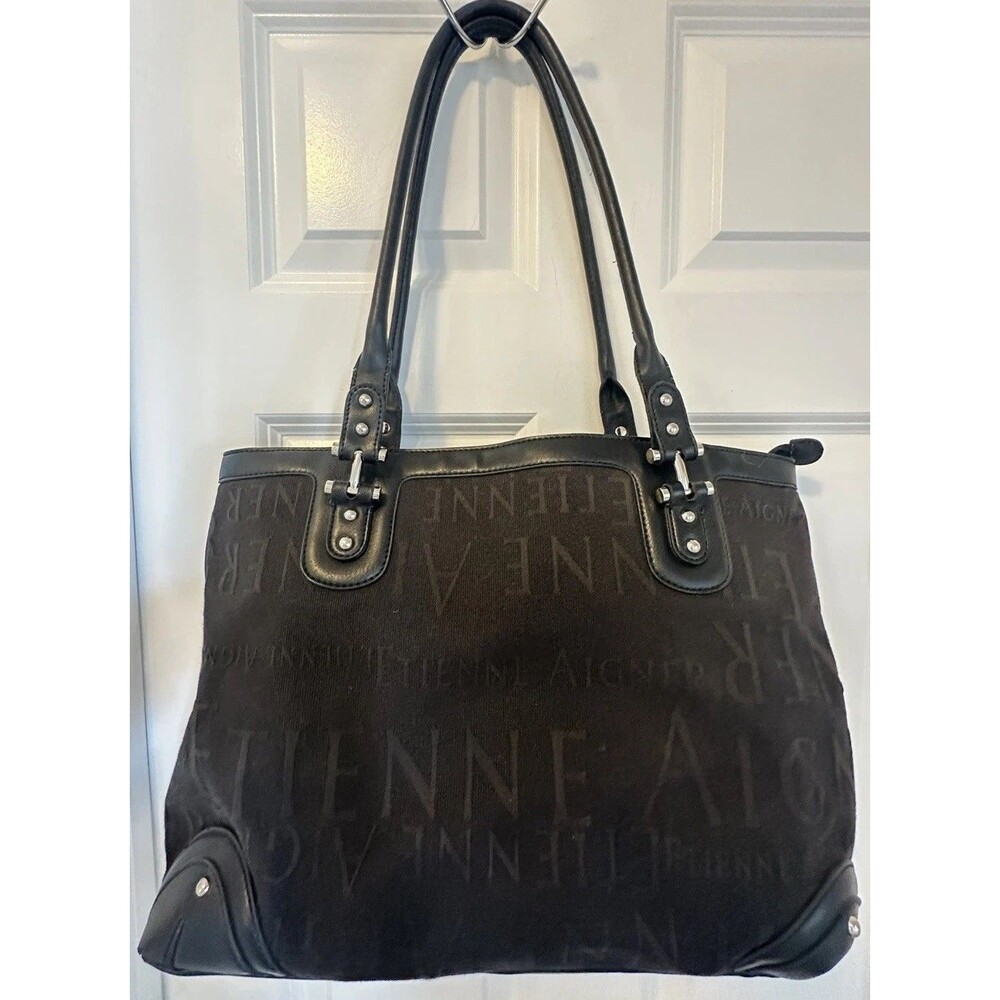 ETIENNE AIGNER VTG Y2K Signature Black Large Tote Aigner Logo Leather Trim